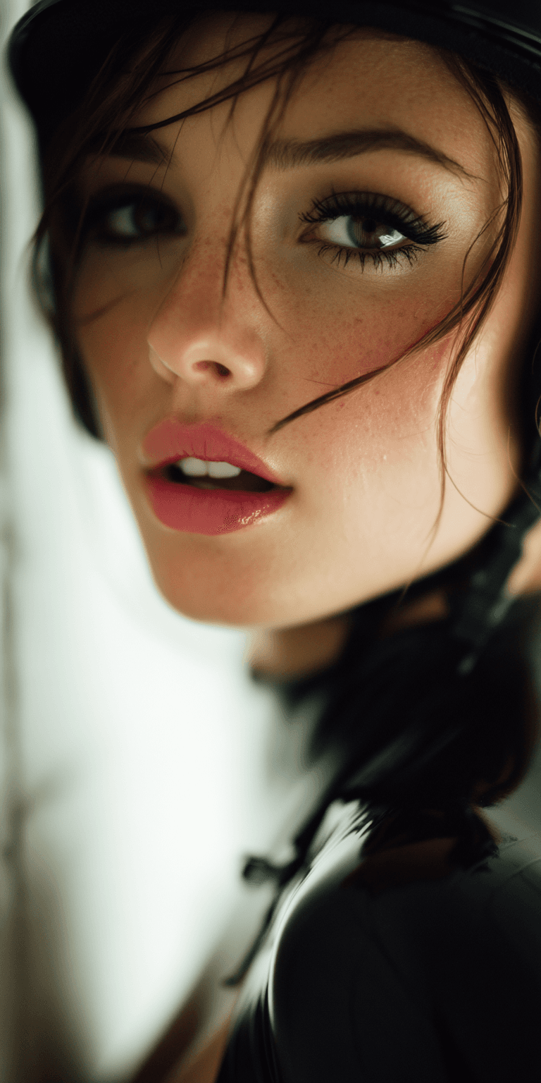 AI generated: Close-up shot of a woman wearing a black latex outfit and full-face helmet, standing in a white mini...
