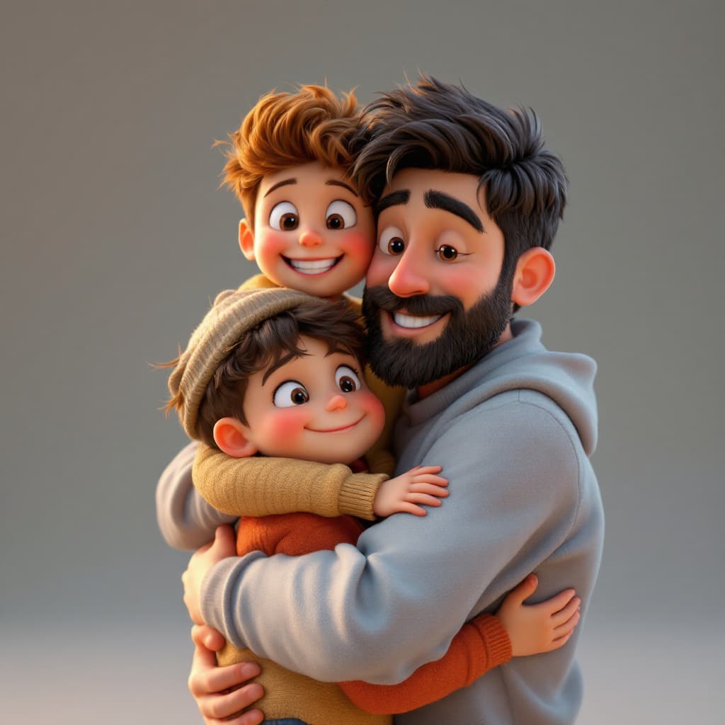 AI generated: 3D image of a cute boy hugging his father with eye-catching Pixar-style colors --ar 1:2 --stylize 75...