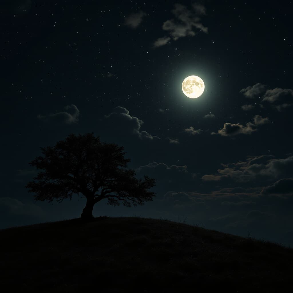 AI generated: A dark night with faint stars showing between many clouds, a full moon illuminating a single tree on...
