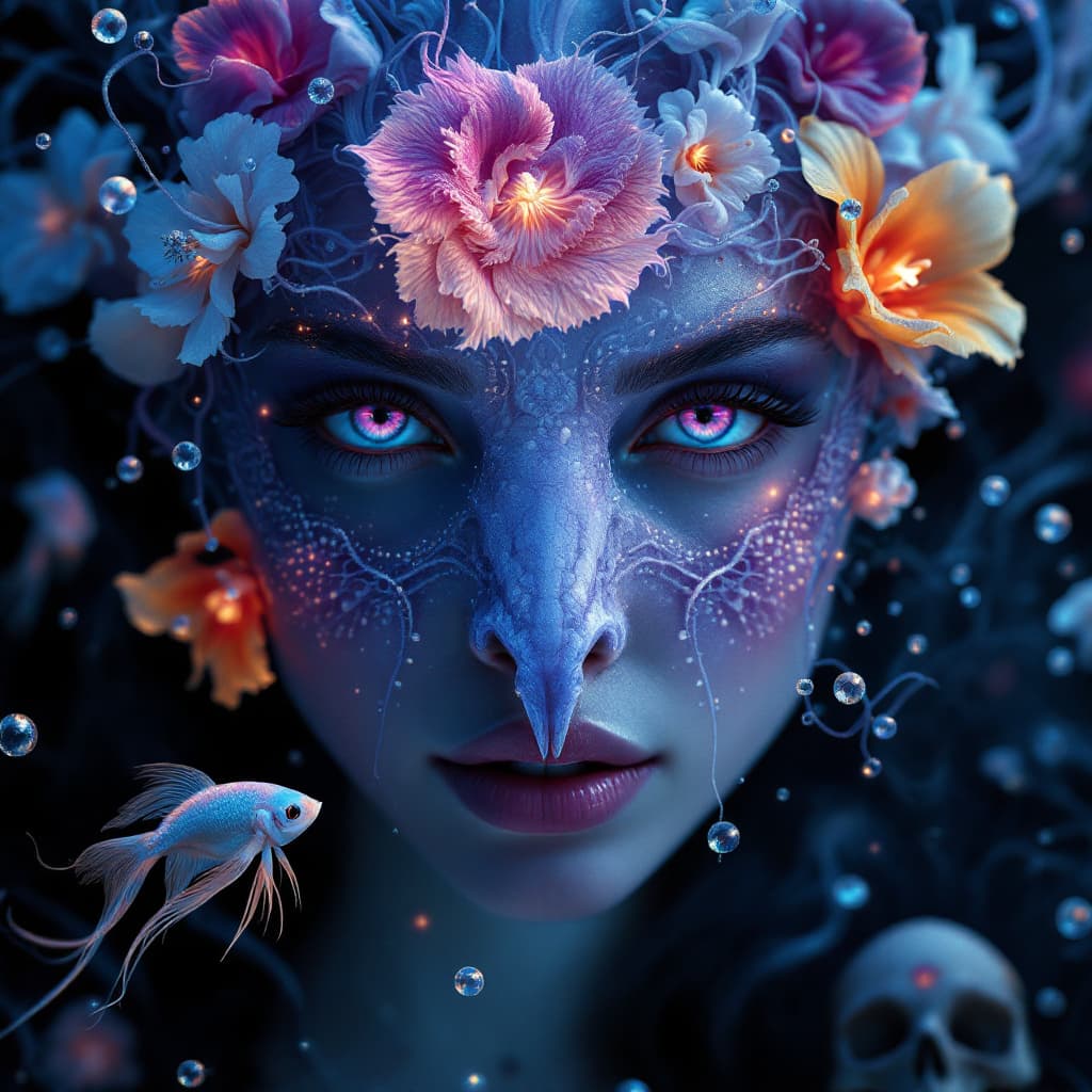 AI generated: Goddess close-up portrait ribcagel. jellyfish phoenix head, nautilus, orchid, skull, betta fish, bio...