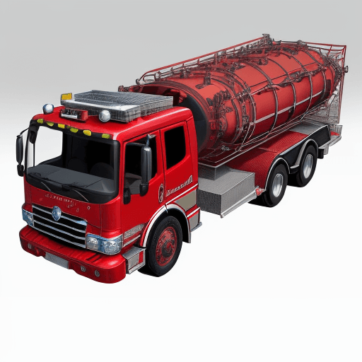 AI generated: produce a detailed technical illustration of a Europian fire truck, showcasing a cutaway design that...
