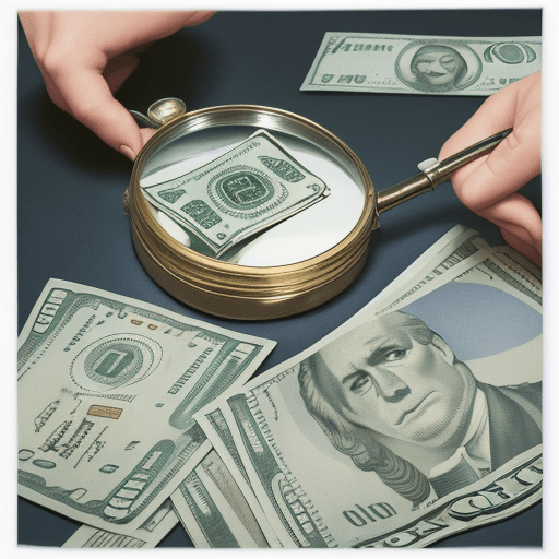AI generated: A hand holds a US dollar bill with a magnifying glass above it, revealing various objects in the bac...