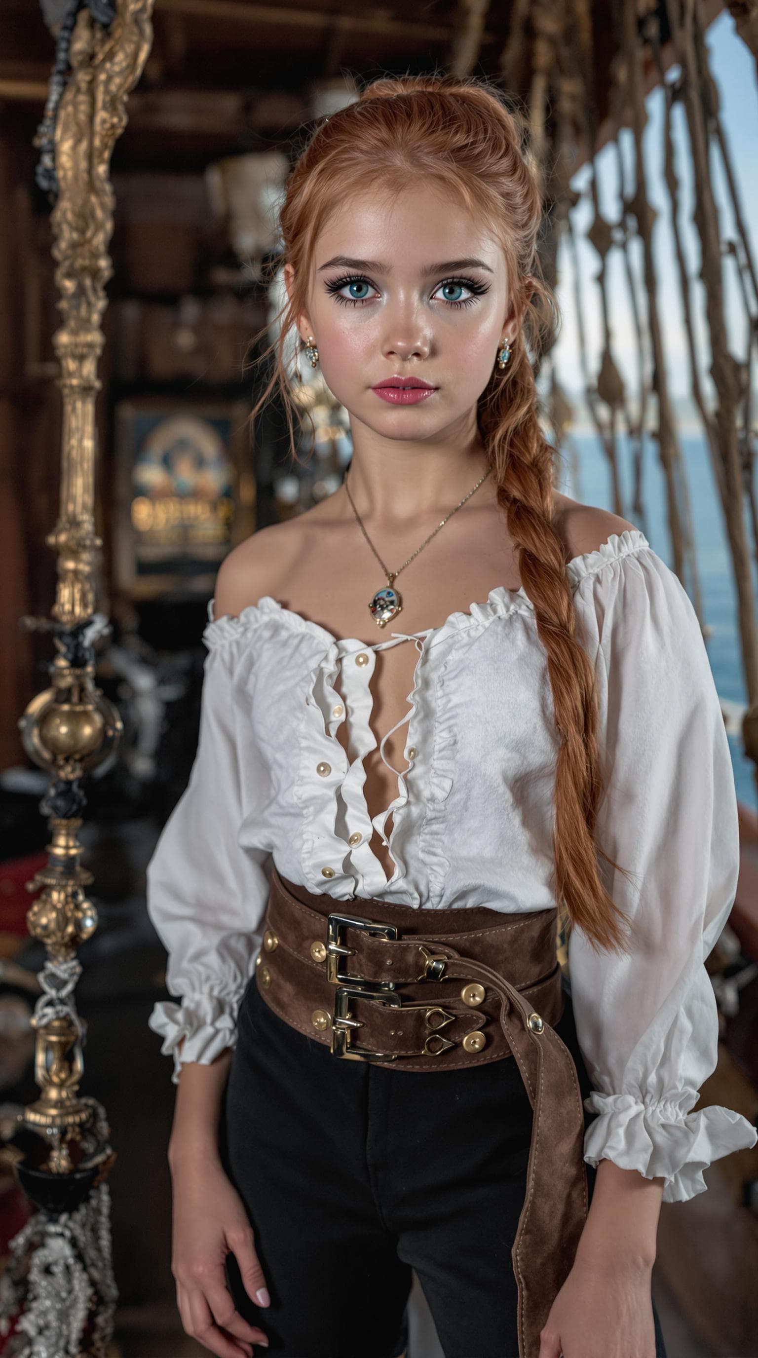 AI generated: a professional photo of a exceptionally beautiful girl aboard pirate ship (age 11), (eleven year old...