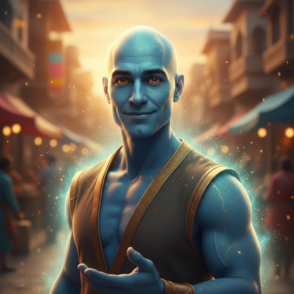 AI generated: Create a realistic cinematic portrait of a friendly, approachable Genie inspired by Indian culture a...