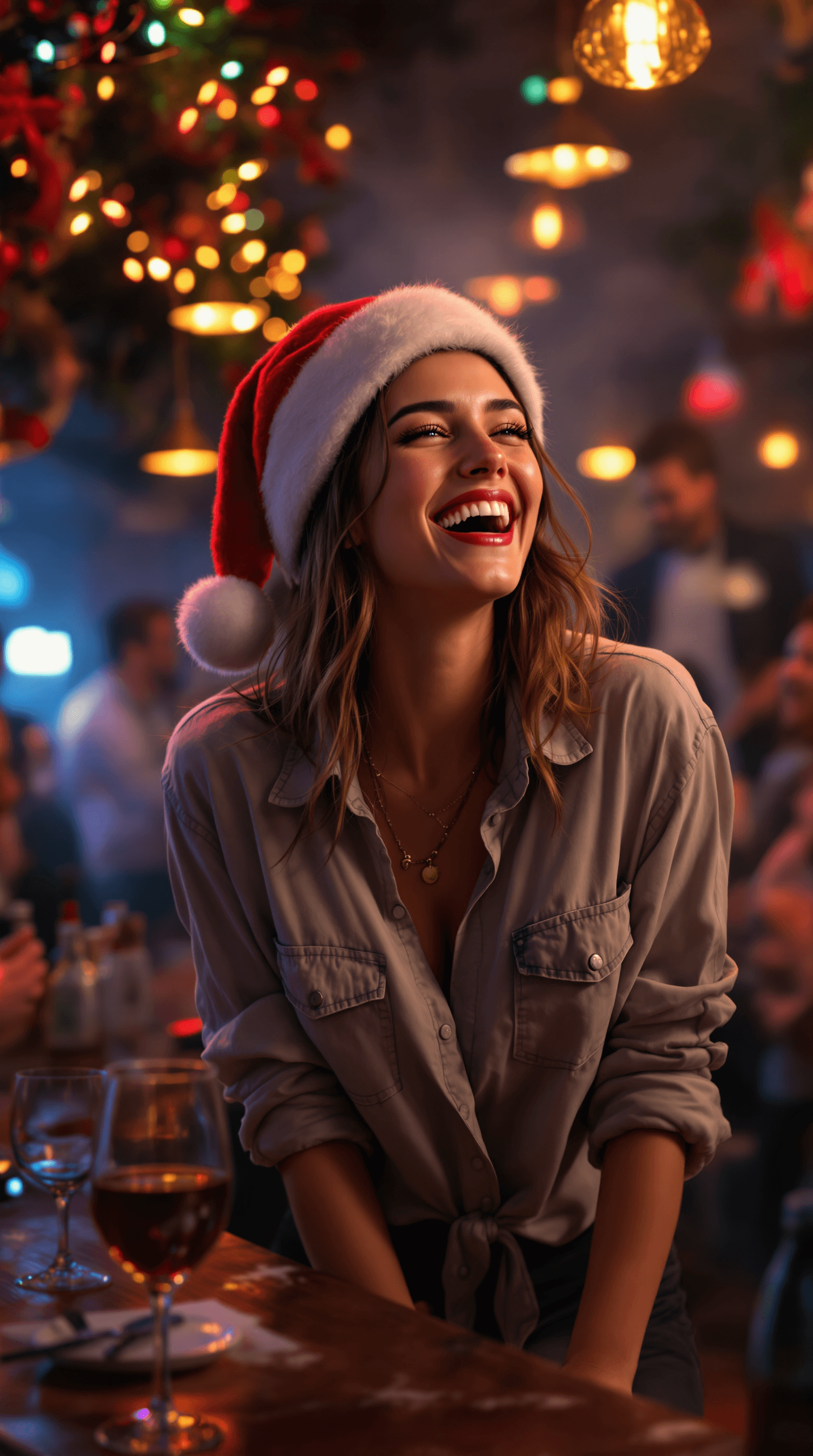 AI generated: A **full-body, photorealistic illustration** of a **young woman in a bar**, visibly **drunk yet joyf...
