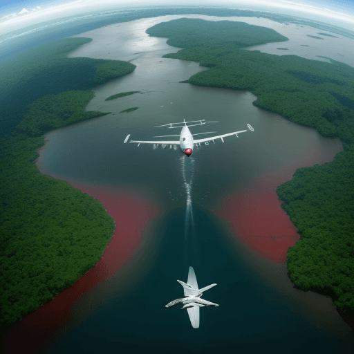 AI generated: crie uma imagem de um avião voando sobre a selva amazônica com o rio amazonas ao meio, o avião tem u...