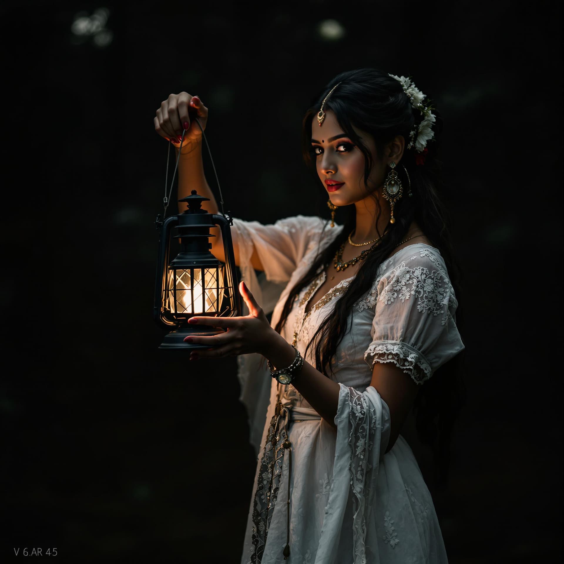 AI generated: a photo of Indian woman in white lace dress holding an old lantern, dark forest background, soft lig...