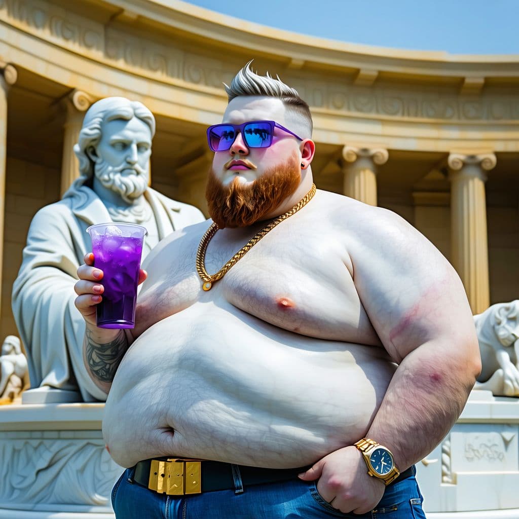AI generated: fattest obese american rapper in the world without a beard and with short hair, holding a purple dri...