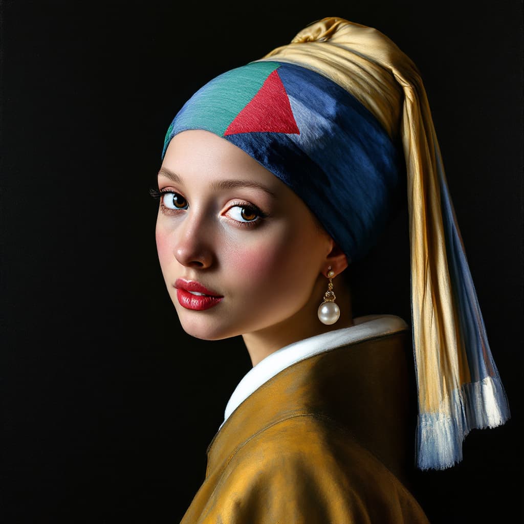 AI generated: The image shows the picture "Girl with a pearl earing" painted by Johannes Vermeer. The girl in the ...