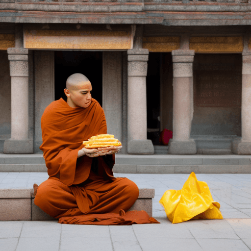 AI generated: a monk eating mc donalds in front of temple