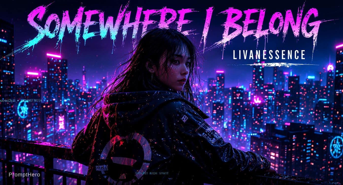 AI generated: A cinematic cyberpunk portrait of a young Asian woman standing on a rooftop overlooking a futuristic...