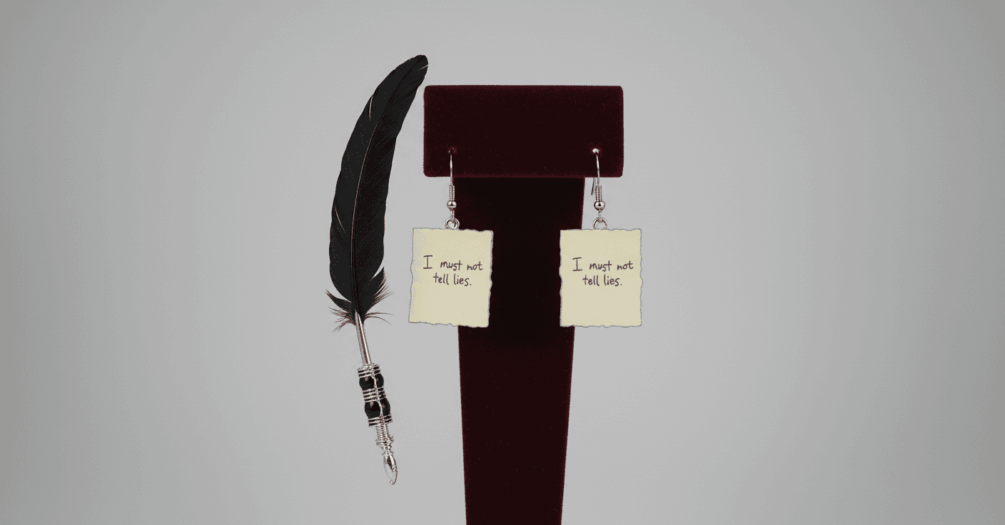 AI generated: harry potter, one piece of 3D feather pen earring, one piece of square note earring