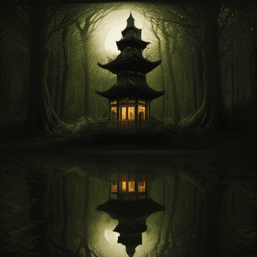 AI generated: An enchanted pagoda, next to a river, dreamy distorted trees and surreal creatures, mystical witchcr...