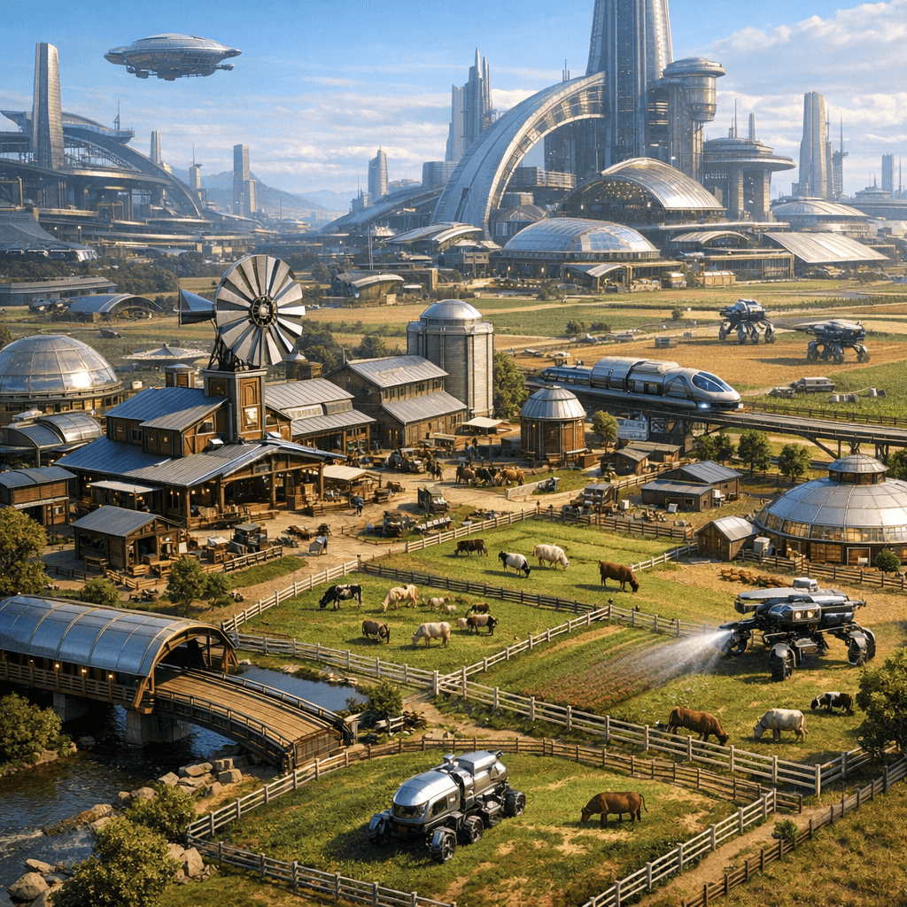 AI generated: Display an aerial view of a sleek, futuristic Old American Western Farming City, a reminder of the G...