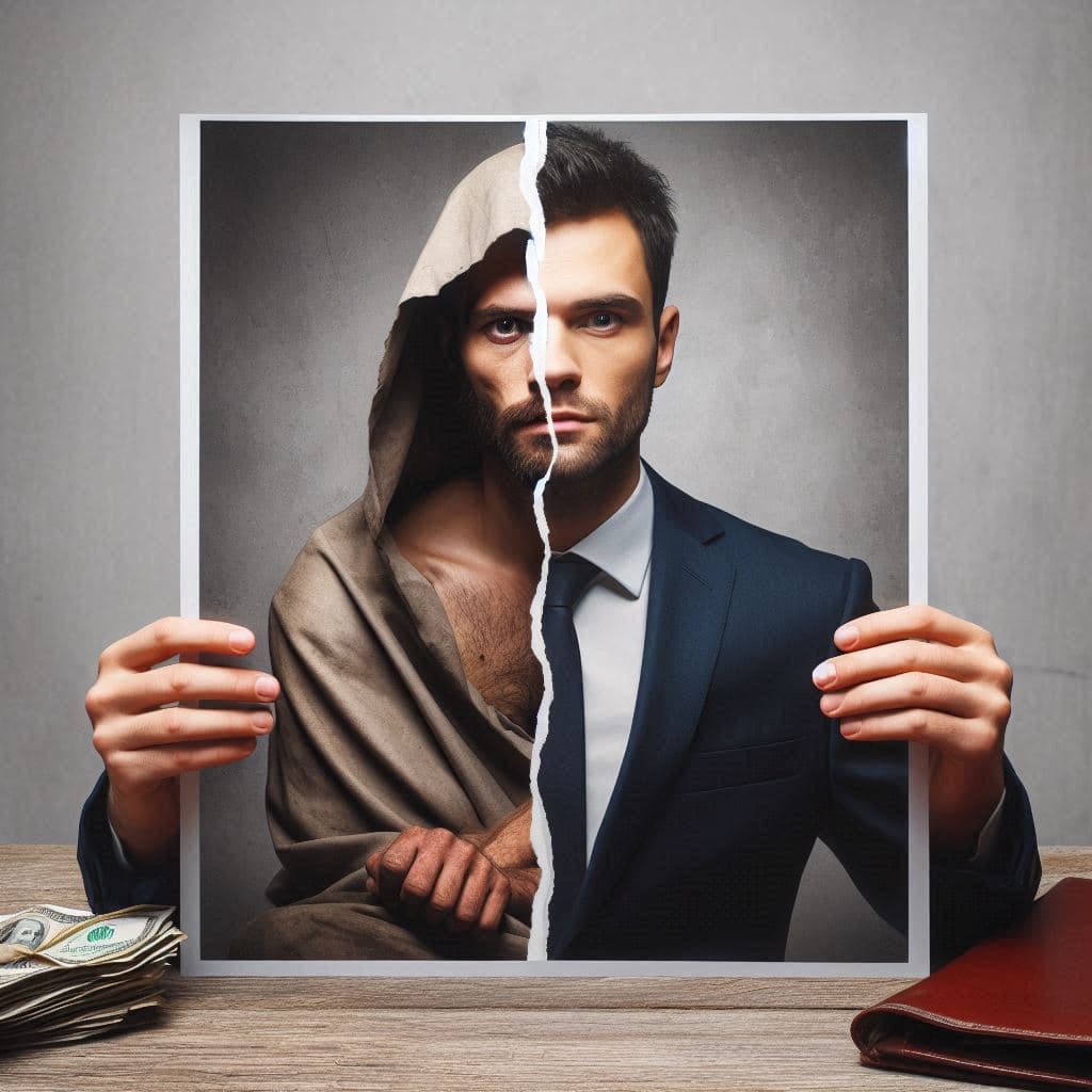 AI generated: A male portrait photograph torn in half. One half shows the man as a beggar, the other half shows th...