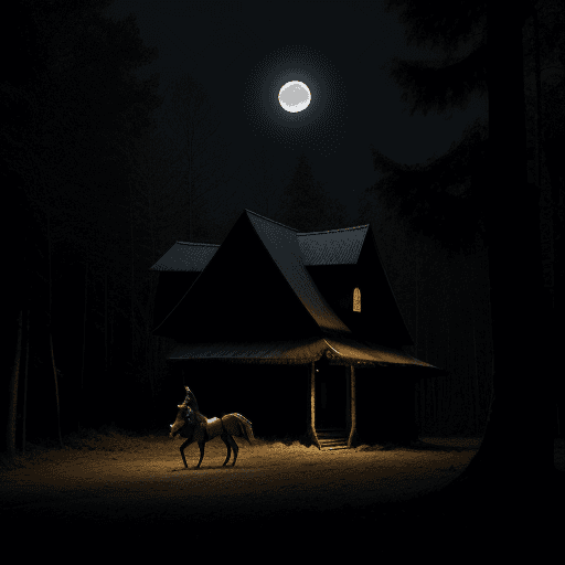 AI generated: Full Moon,dark forest ,a horse rider,few wooden homes