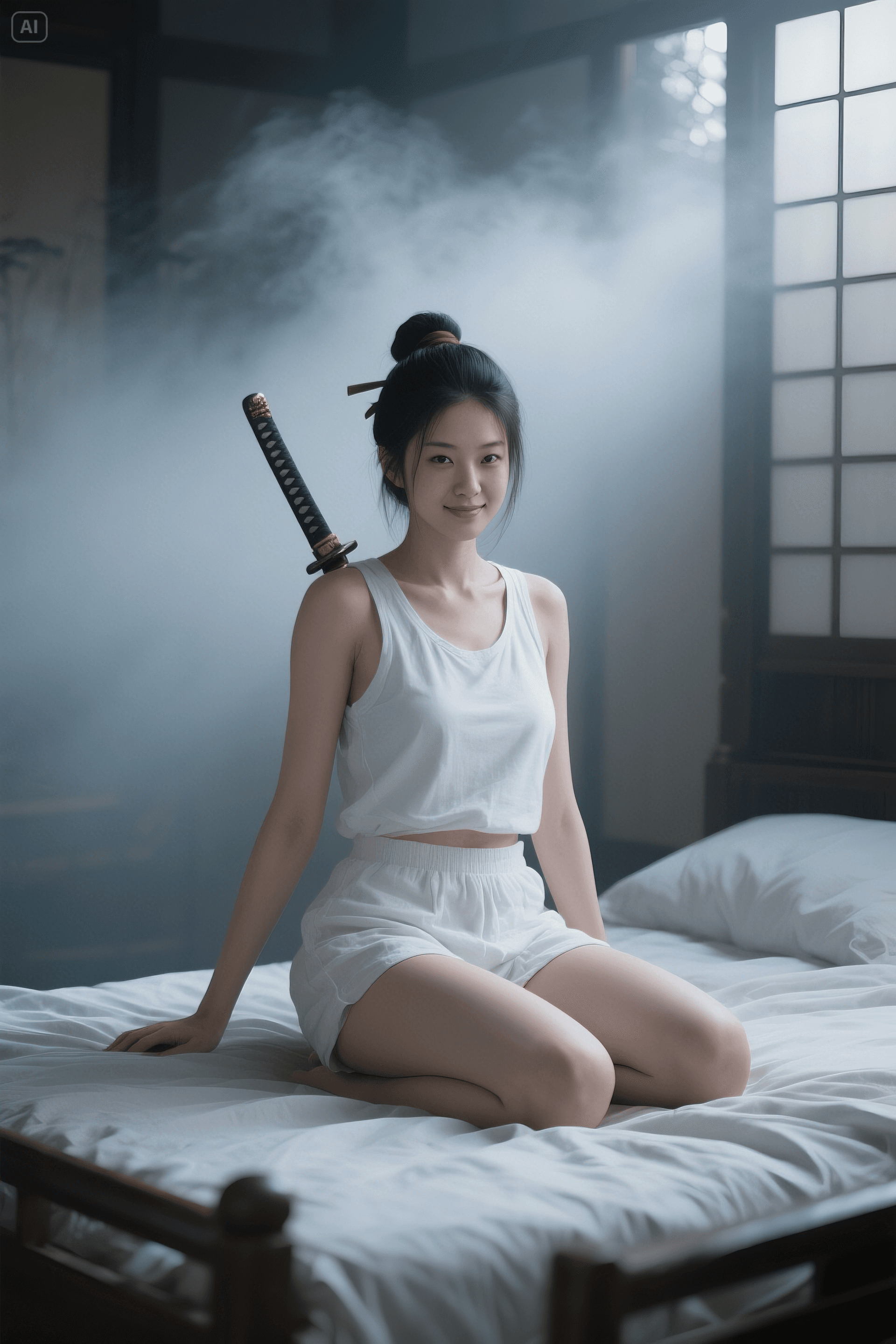 AI generated: A hyperrealistic 12th-century female samurai, wearing a white sleeveless cotton top and micro shorts...