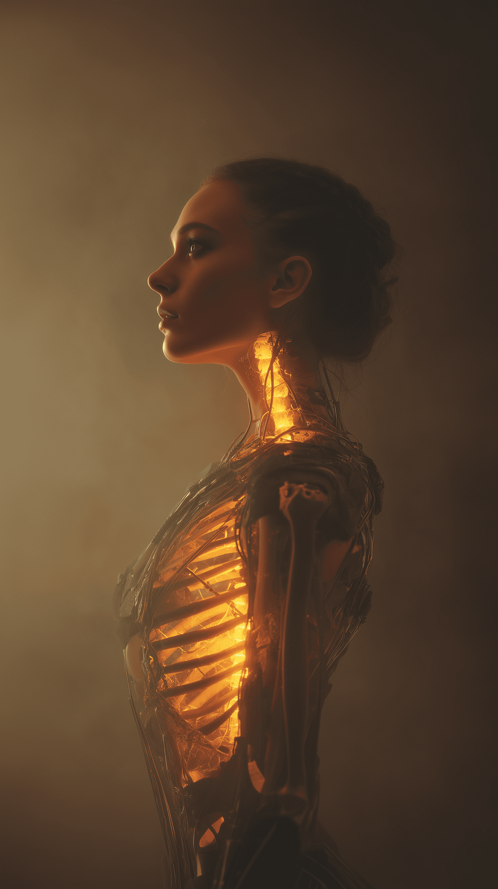 AI generated: futuristic surrealism, front portrait of a woman, side shot, transparent skin revealing her bones, g...