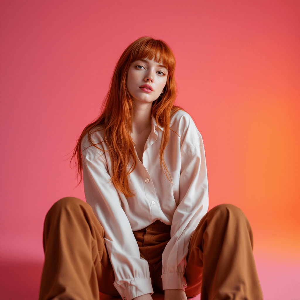 AI generated: Wide and low angle, cinematic fashion photography for the Uniqlo brand. Woman, redhead 
 20 years ol...