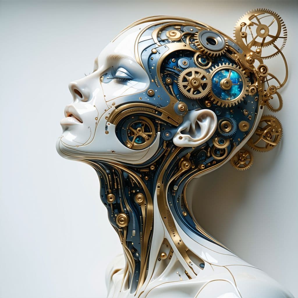 AI generated: An abstract sculpture of a head and neck in slight profile with the skin made up of intricate patter...
