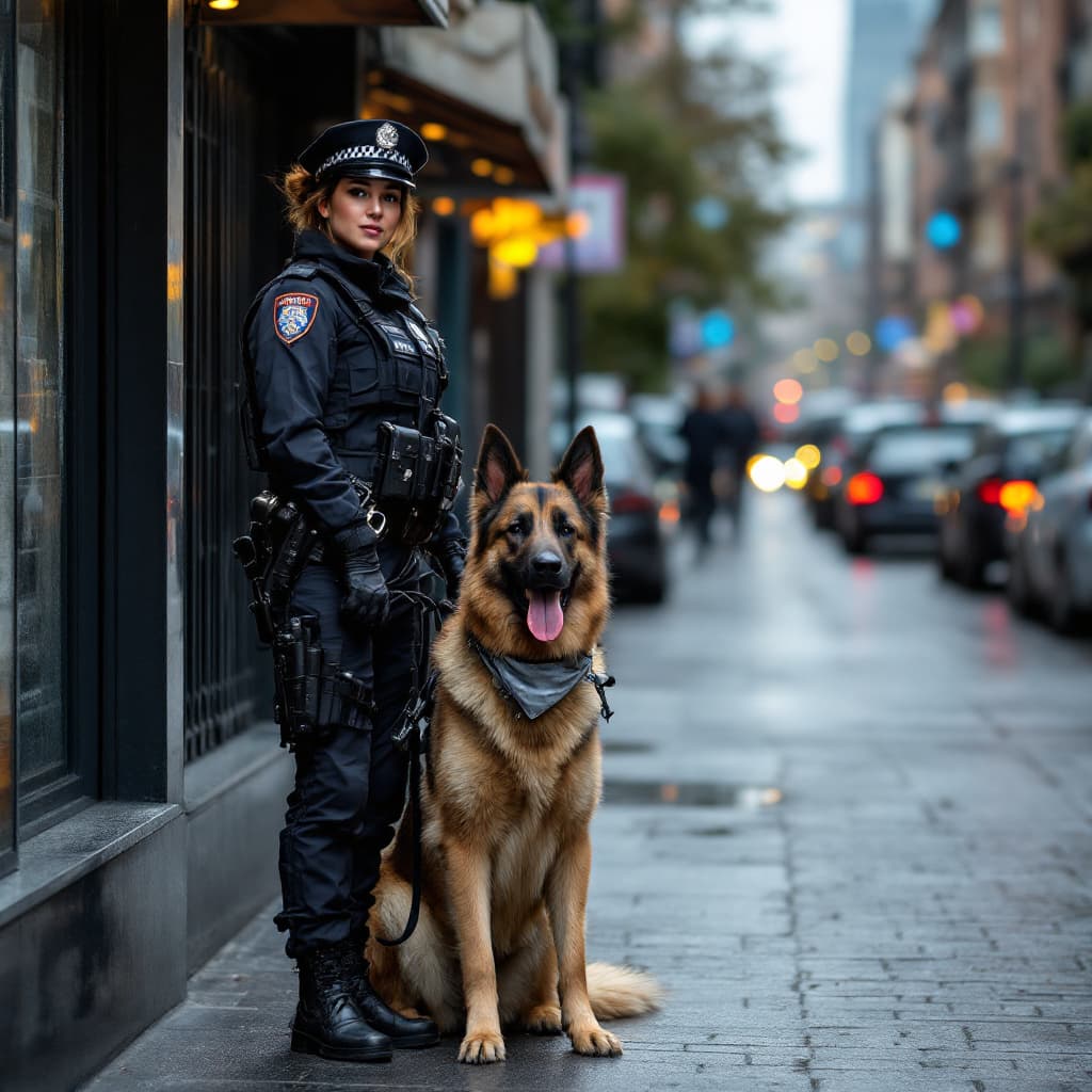 AI generated: female police and police dog in thr street,On patrol
