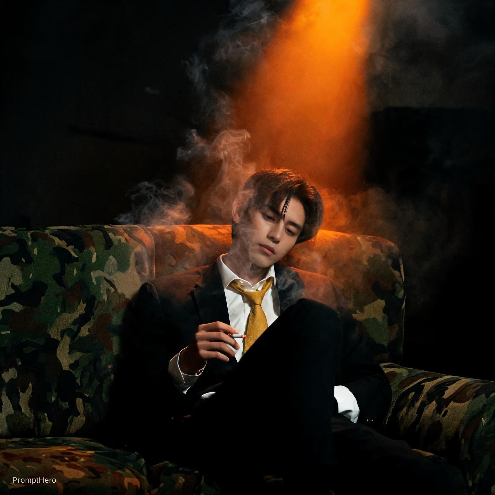 AI generated: photography, cover shoot, dimly lit room with a hazy atmosphere, capturing a professional male model...