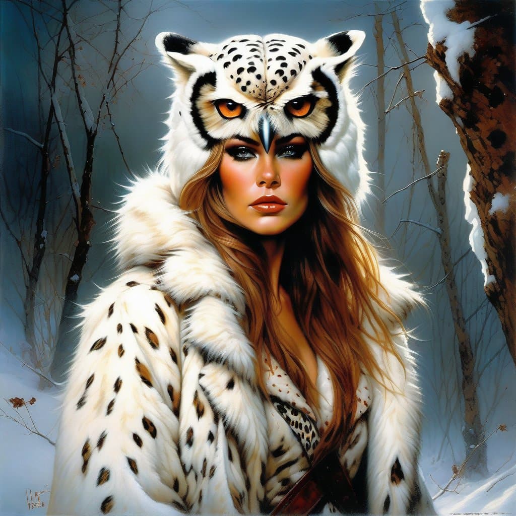 AI generated: A digital portrait of a female Winter Wildling, white owl fur pelt winter coat, cinematic fantasy, h...