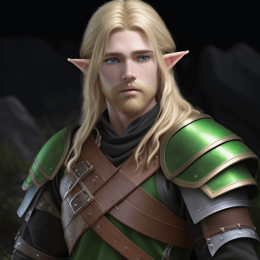 AI generated: young 17 year old Half-Elf male from D&D, shaggy long blonde hair, blonde bearded, ranger, black and...