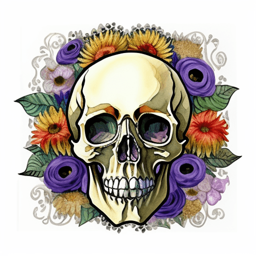 AI generated: image of an animal skull, with flowers, rich color scheme, watercolor markers, van gogh style