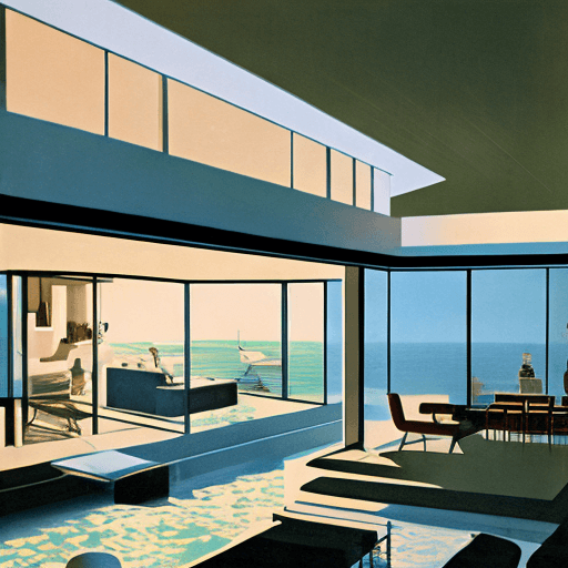 AI generated: Hyper realistic eye level exterior photo of a mid century modern style house overlooking the ocean, ...