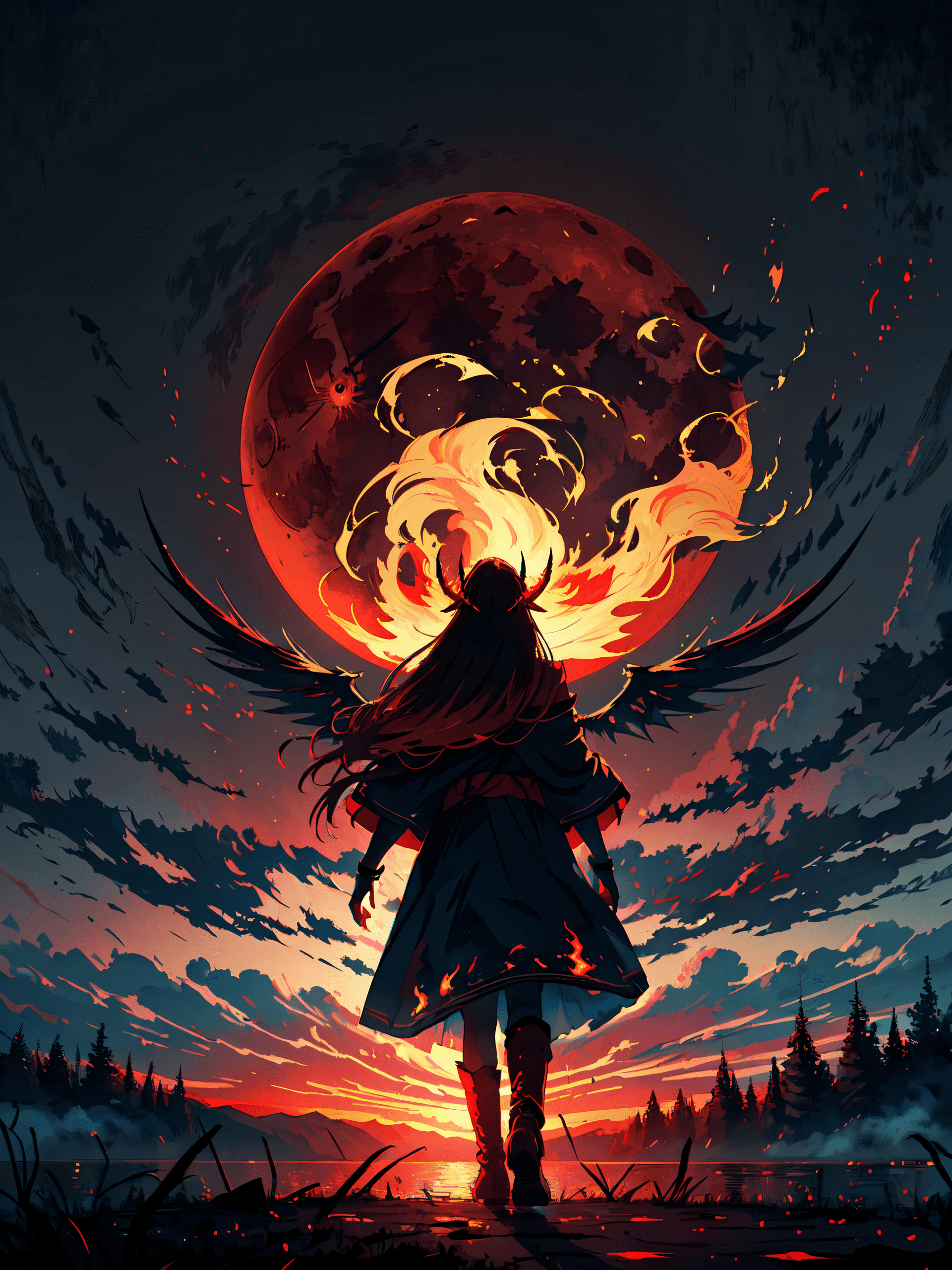 AI generated: illustration, dark theme, (red moon:1.2), (night, fog, dystopia, lake, burning hell, despair), long ...