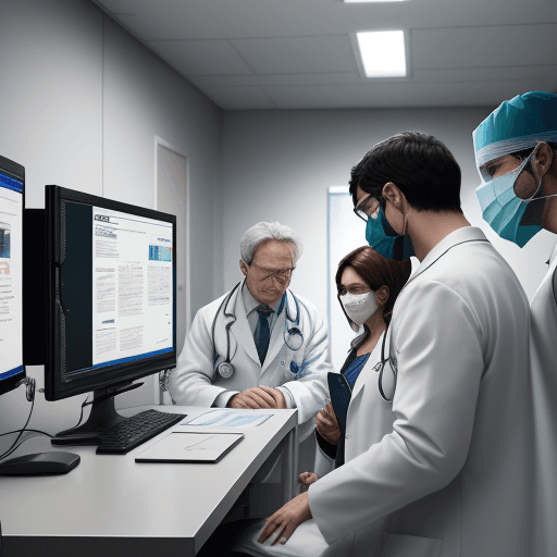 AI generated: photograph of doctors in an surgery room with one doctor looking at one computer giving him risk ale...