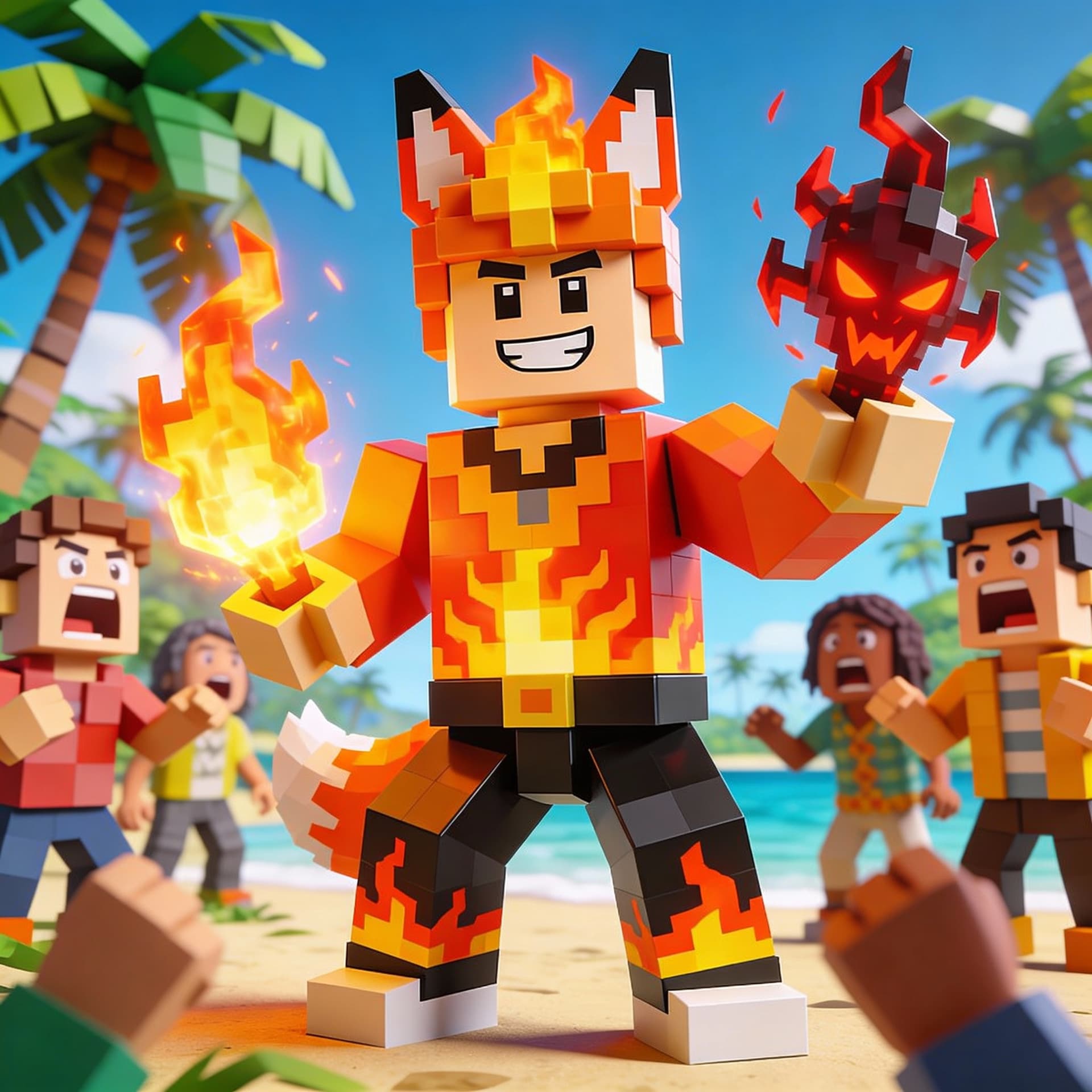 AI generated: ROBLOX BLOX FRUITS WITH FLAME FRUIT KITSUNE VENOM WITH TO PEOPLE FRIGHTS WHILE SIMLING NOT CAR HITTI...
