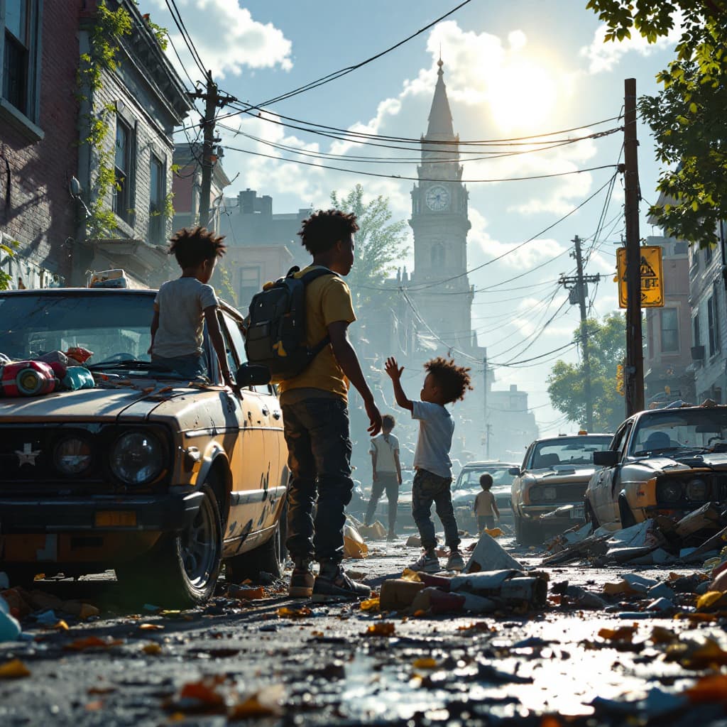 AI generated: Pixar styled 3d 4k cinematic image of black kids in a ghetto neighborhood on property and cars being...
