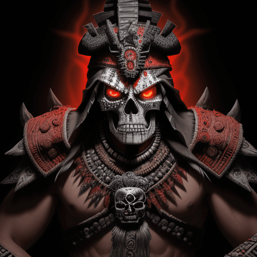 AI generated: A photorealistic digital illustration of an Aztec god with skull face, pointing at viewer and lookin...