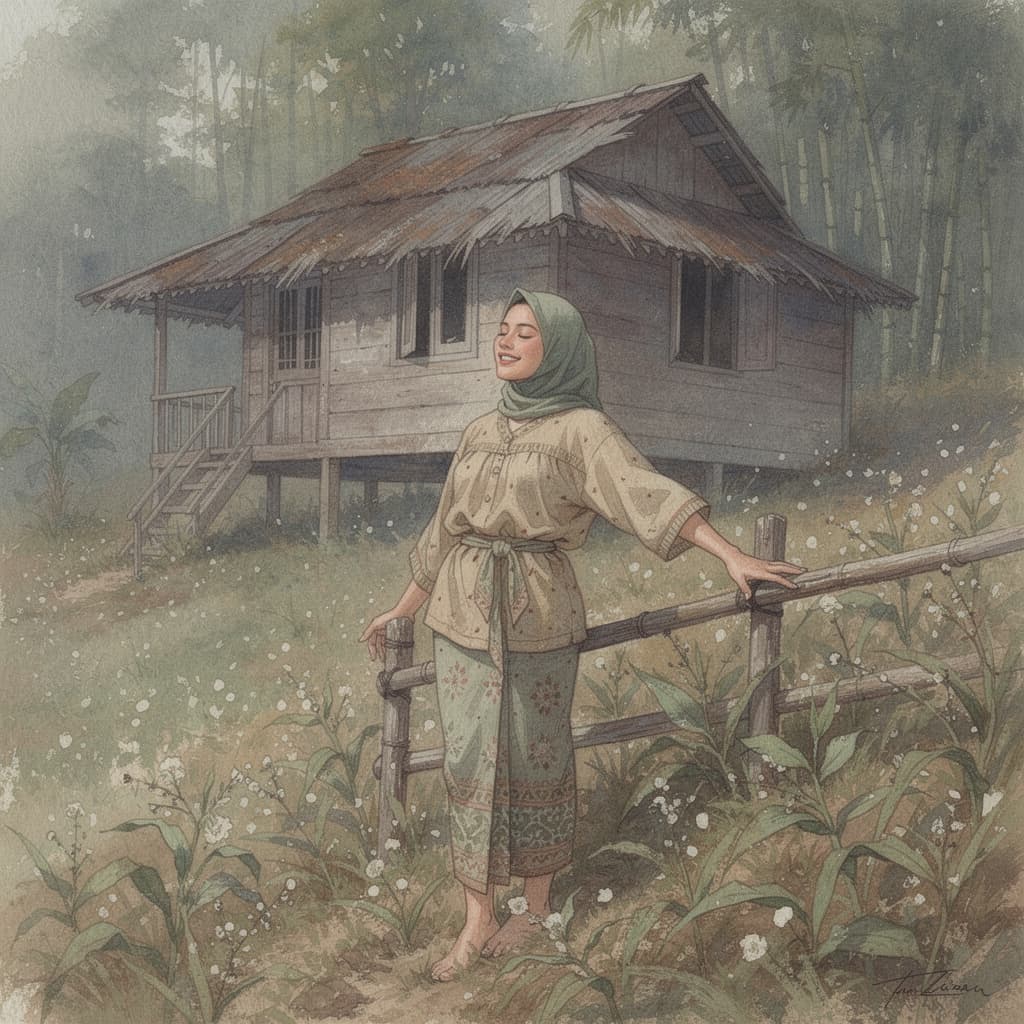 AI generated: Impressionist oil painting of an old, rustic, traditional Malaysian wooden house with a thatched roo...