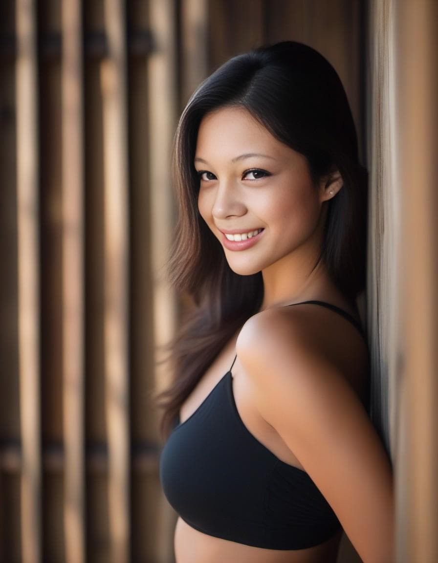 AI generated: breathtaking woman, black hair, dark eyes, gorgeously tanned body, full lips, from behind, looking o...