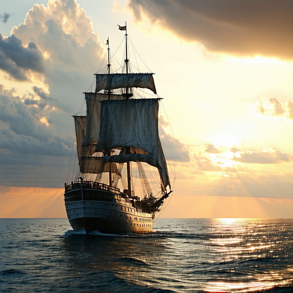 AI generated: Photo of a ultra realistic sailing ship, dramatic light, pale sunrise, cinematic lighting, battered,...