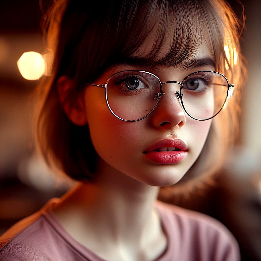AI generated: hyper realistic waist up portrait of a teen girl, wearing glasses (slim silver frame), chapped lips,...