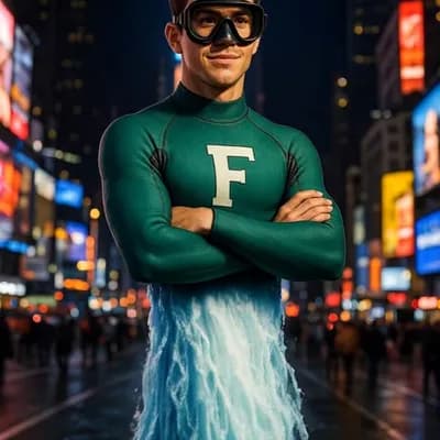 AI generated video: heroic stand and close up to the face while is flowing the water stream , a little smile when the ca...
