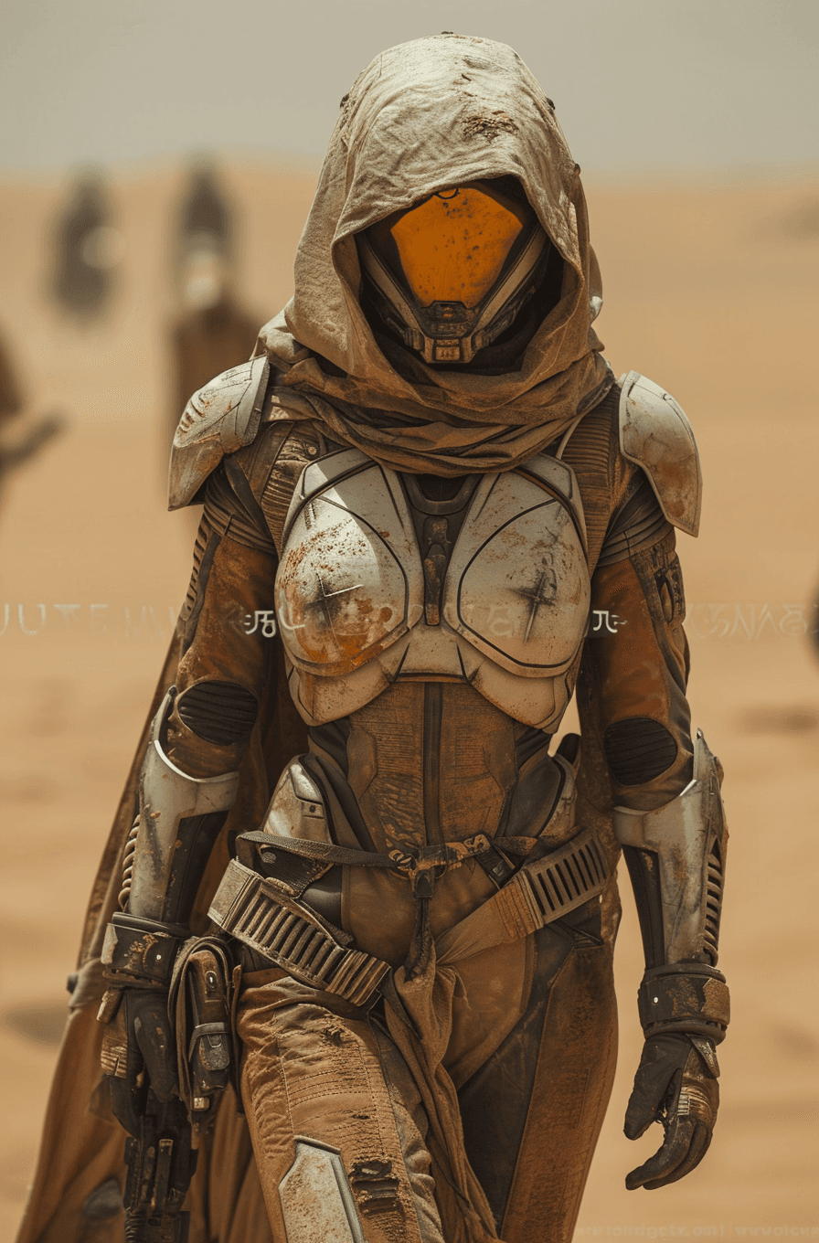 AI generated: female in futuristic armor in a desert on Mars-like planet, in the style of dark silver and dark bro...