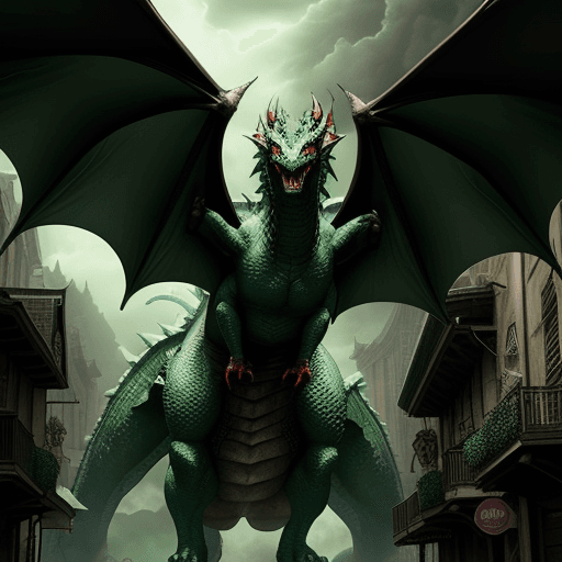 AI generated: Realistic,Large dragon, bat, breathing green flames, in an old city
