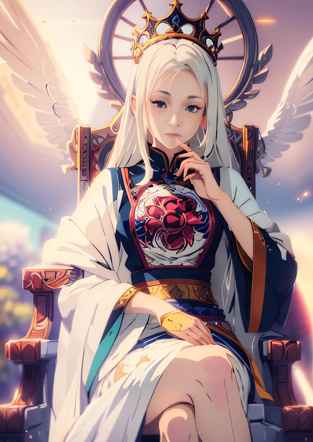 AI generated: anime - style image of a woman sitting on a throne with wings, ((a beautiful fantasy empress)), whit...