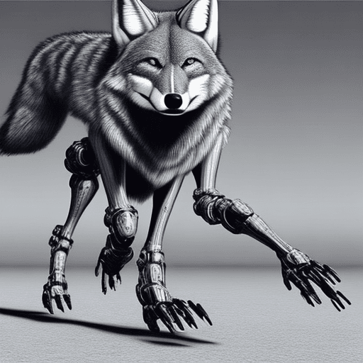 AI generated: hyper realistic coyote robot black and white metalic color body , in future time walking, background...