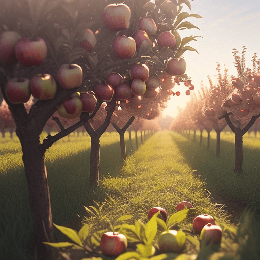 AI generated: Photo of a ultra realistic apple orchard with dew on apples in the morning