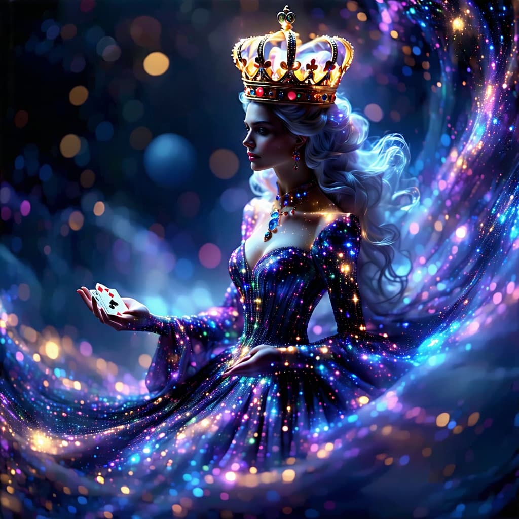 AI generated: The Queen of Hearts card morphs into a stunning 3D hologram, seemingly woven from cosmic energy. As ...