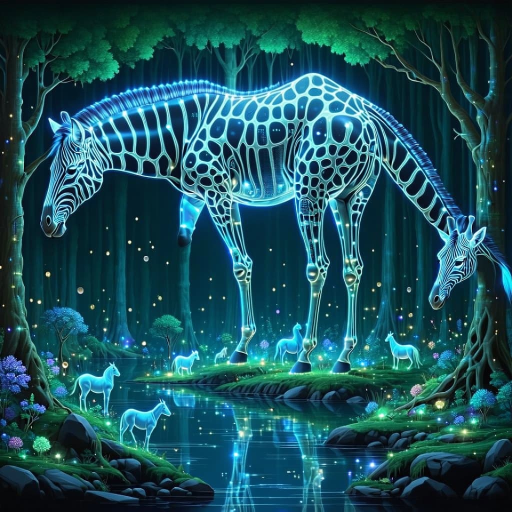 AI generated: Inside the dreams of a mechanical whale the size of a continent, forests of giraffe-trees grow with ...