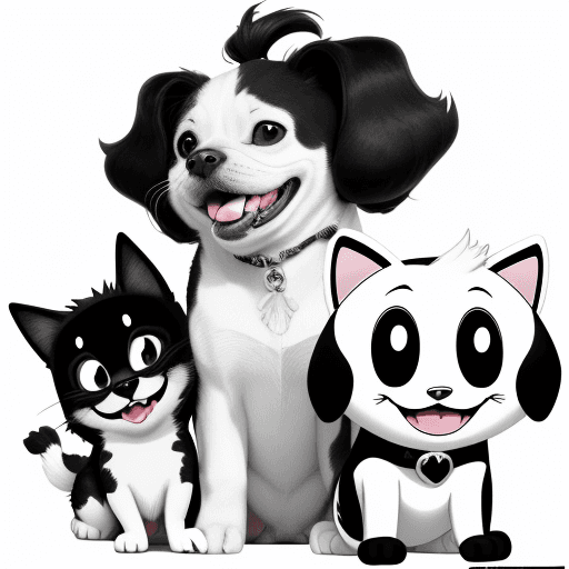 AI generated: Pets, cartoons, anime, cute, big smile,{{{{{{black and white style}}}}}}