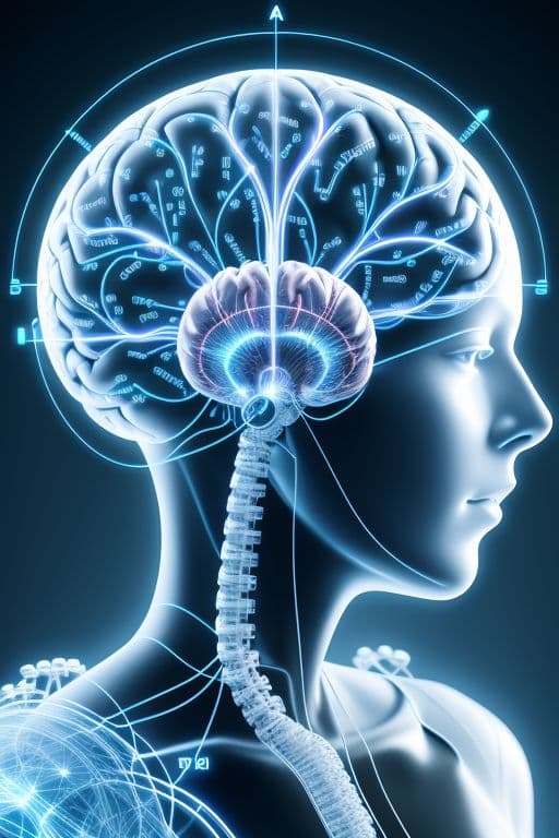 AI generated: Technical drawing of a human brain, neural pathways, circuitry, cyberpunk, call outs, technical deta...