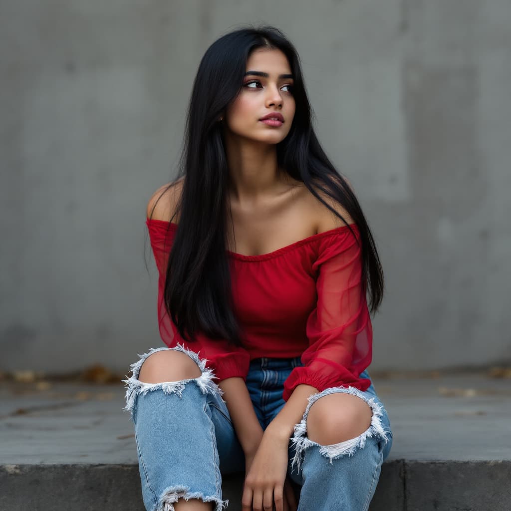 AI generated:  A indian girl, 16, is seated on a wide step with her legs crossed. Her straight long black hair fra...